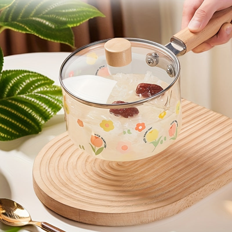 Patterned Glass Saucepan 1.5L with Lid Handle Heat-Resistant for Stovetop Cooking