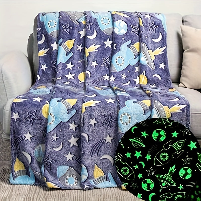 Contemporary Glow in the Dark Space Theme Throw Blanket Knitted Polyester Sofa Cover