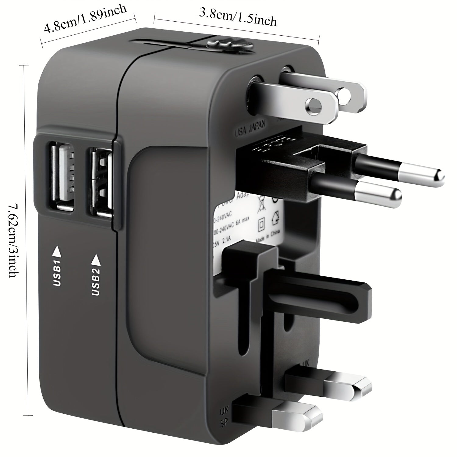 Adaptador de corriente de viaje con puertos USB duales, enchufe US UK EU, tamaño compacto, salida máxima de 36V