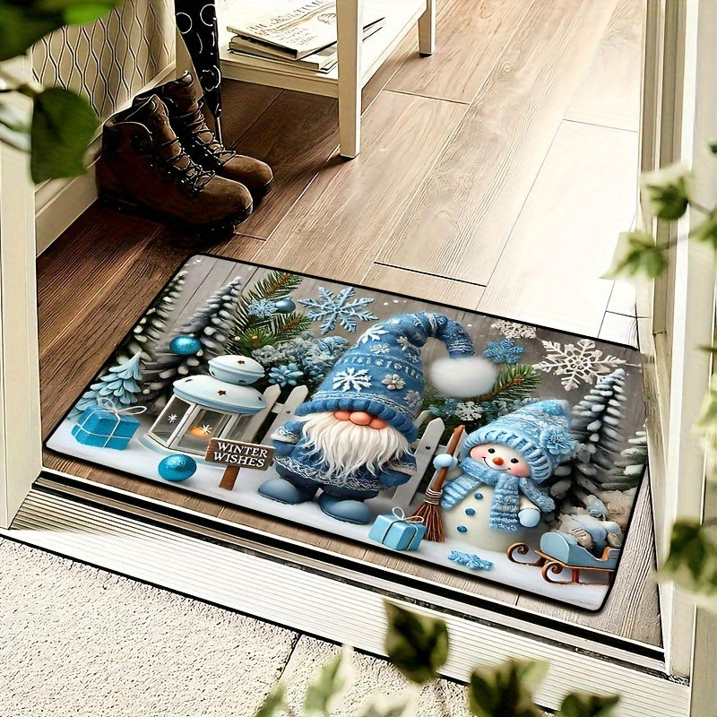 Alfombra de puerta de terciopelo de cristal con gnomo de Navidad azul para decoración de invierno en el hogar