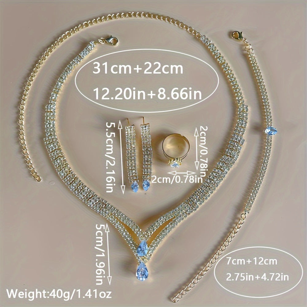 Conjunto de joyería bohemia de 4 piezas: collar, pendientes, pulsera y anillo con colgante de lágrima de rhinestone para bodas y fiestas