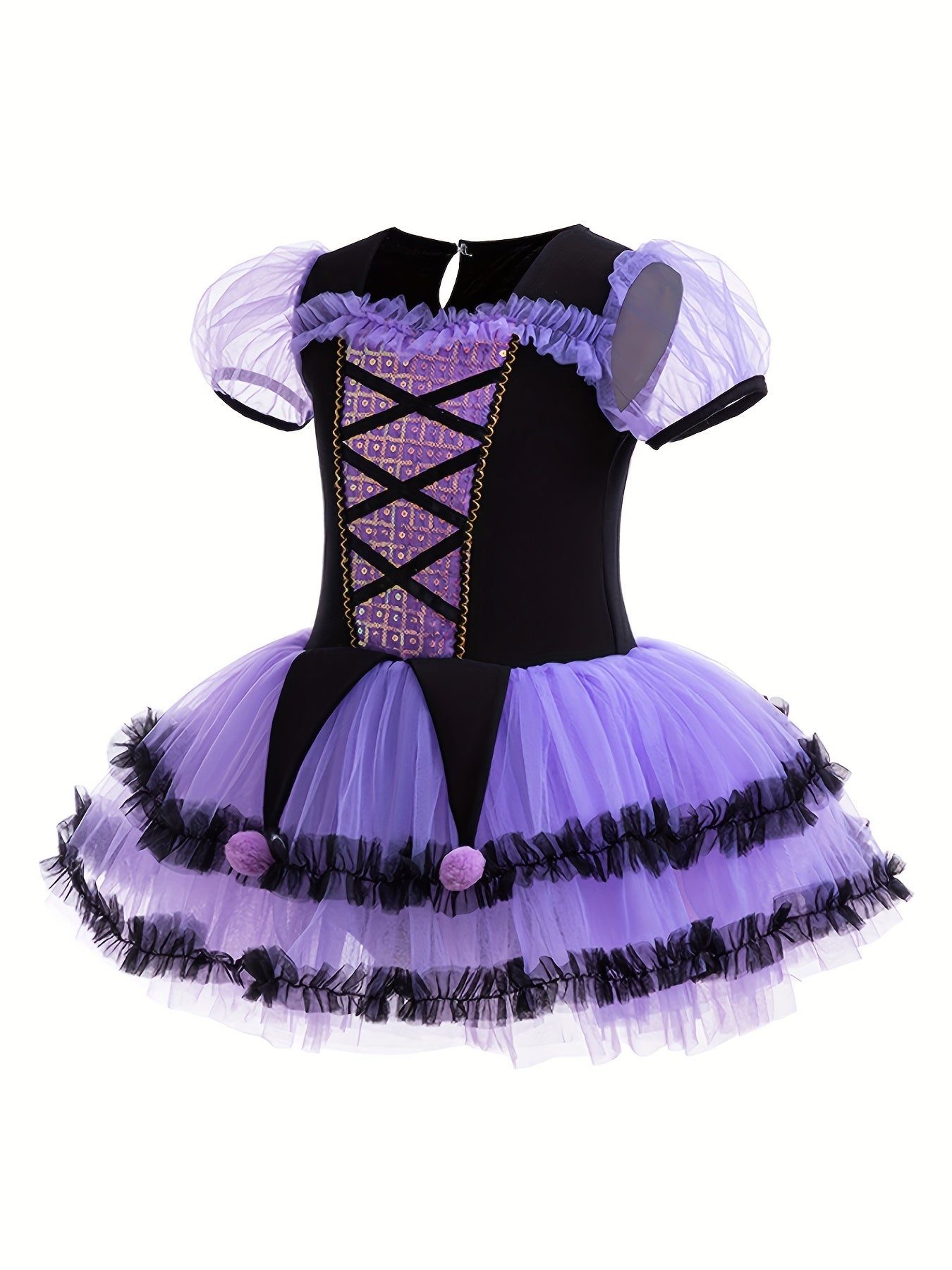 Gul dizayni, ozgina cho'ziladigan mato, to'p ko'ylak hem, tugma tafsilotlari, tül yubka va kichik qizlar uchun payetlar bilan bezatilgan elegant mos va tarang mini ko'ylak. Balerina raqs kostyumlari uchun mukammal.