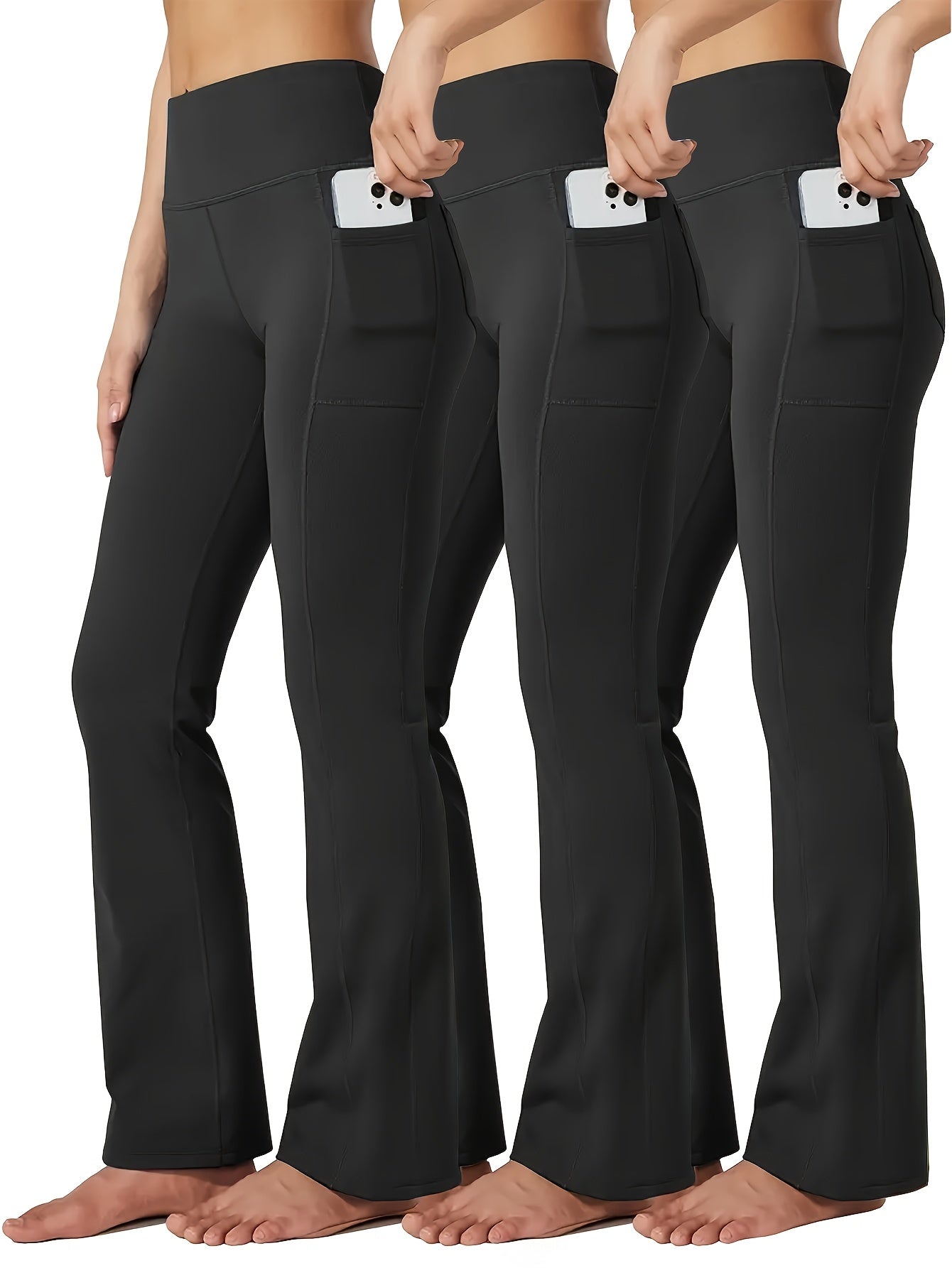 Plus Size Women's Flare Leg Pants with Phone Pockets Stretchy Tummy Control in Black Green Blue