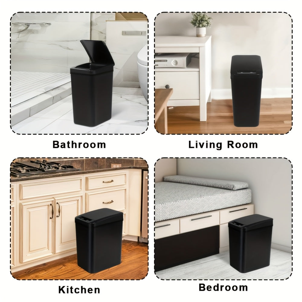 Cubo de basura automático de 8.33 L con tapa oscilante, operación con un botón, negro y blanco