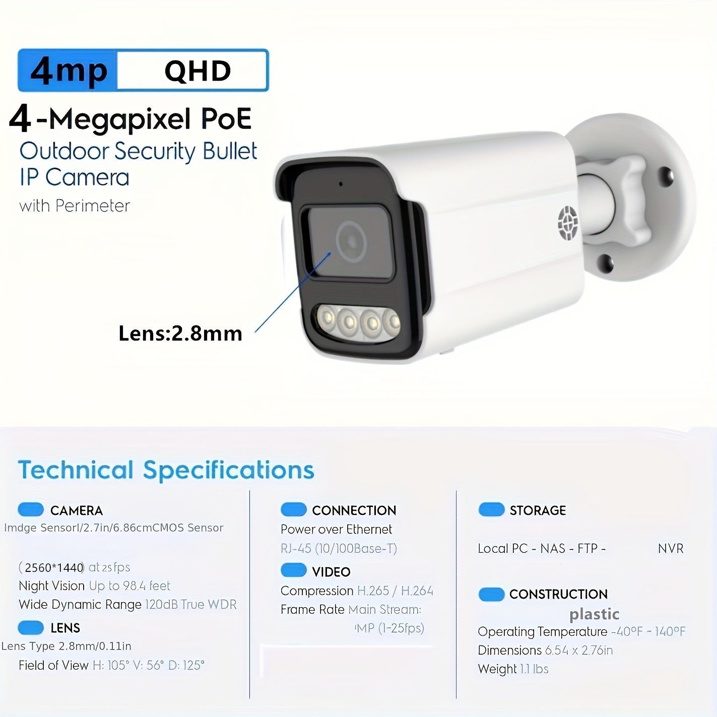 4MP 2K Outdoor PoE Security Camera with Night Vision Human Detection Wide-Angle Lens