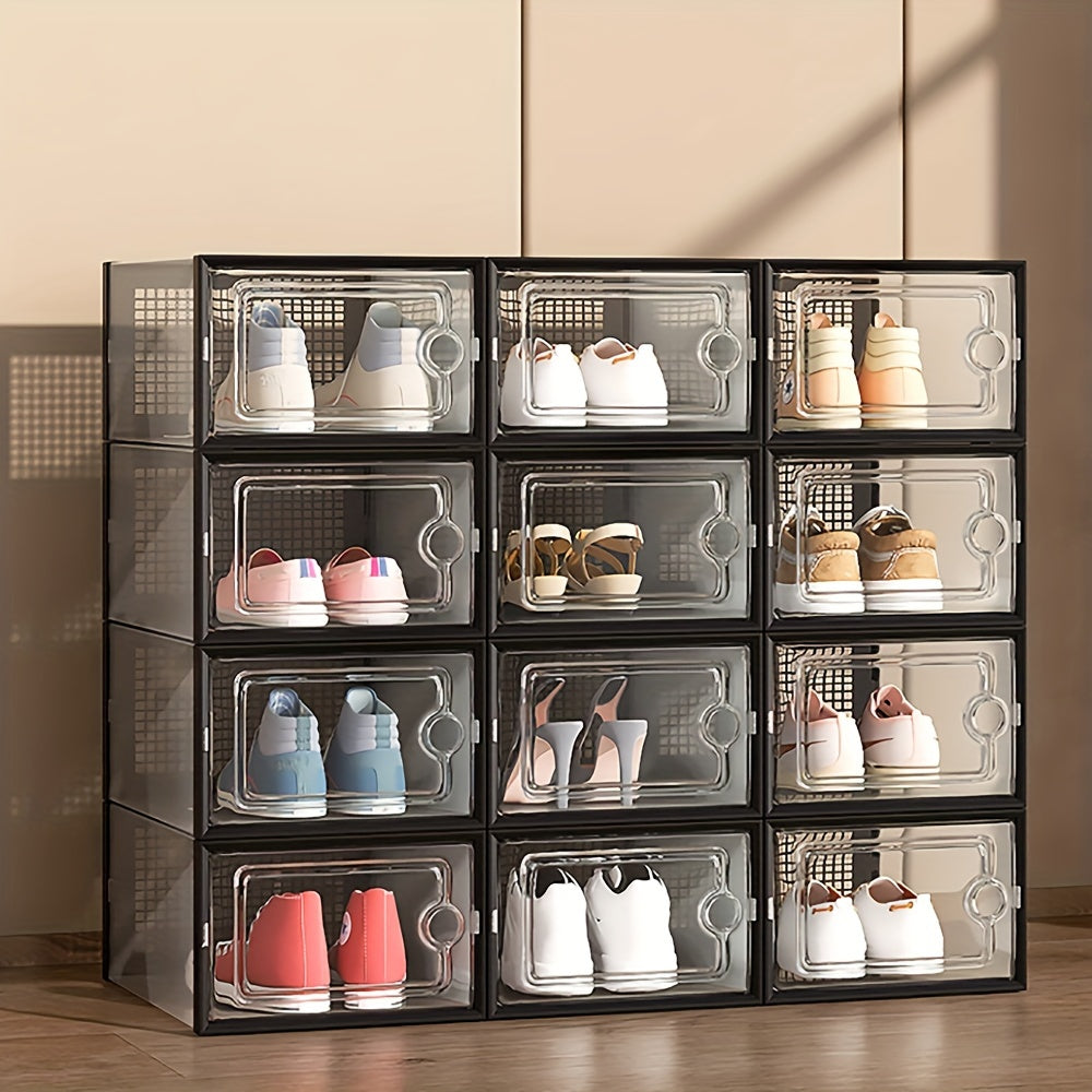Set of 6 or 12 Clear Plastic Shoe Storage Boxes Dustproof Stackable Foldable
