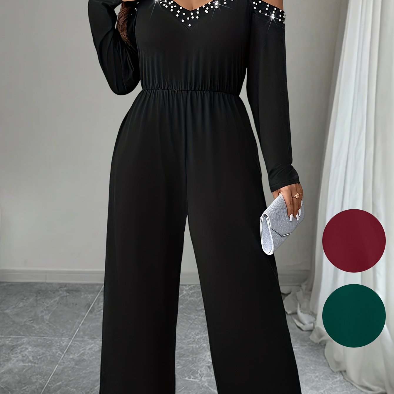 Plus Size Solid Cold Shoulder Jumpsuit Beaded Cinched Waist Women