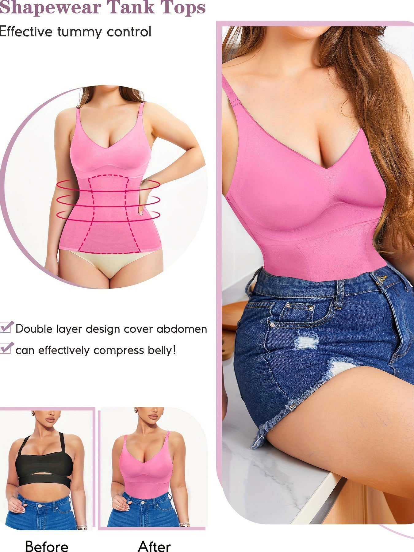 Women's Seamless Slimming Shapewear Tank Top Tummy Control Nylon Spandex V-Neck