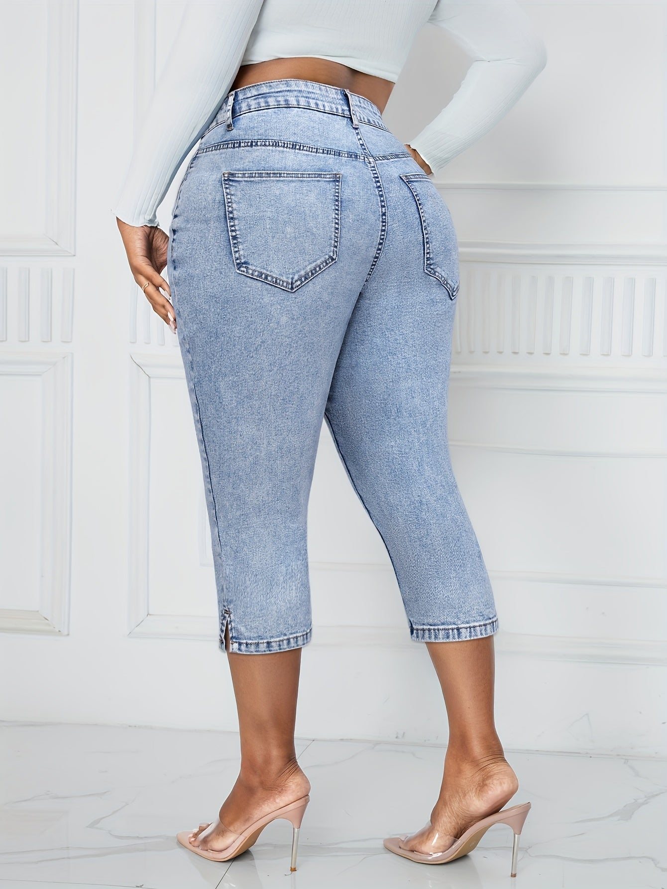 Women's High-Stretch Mid-Thigh Denim Jorts Casual Washed Blue Shorts