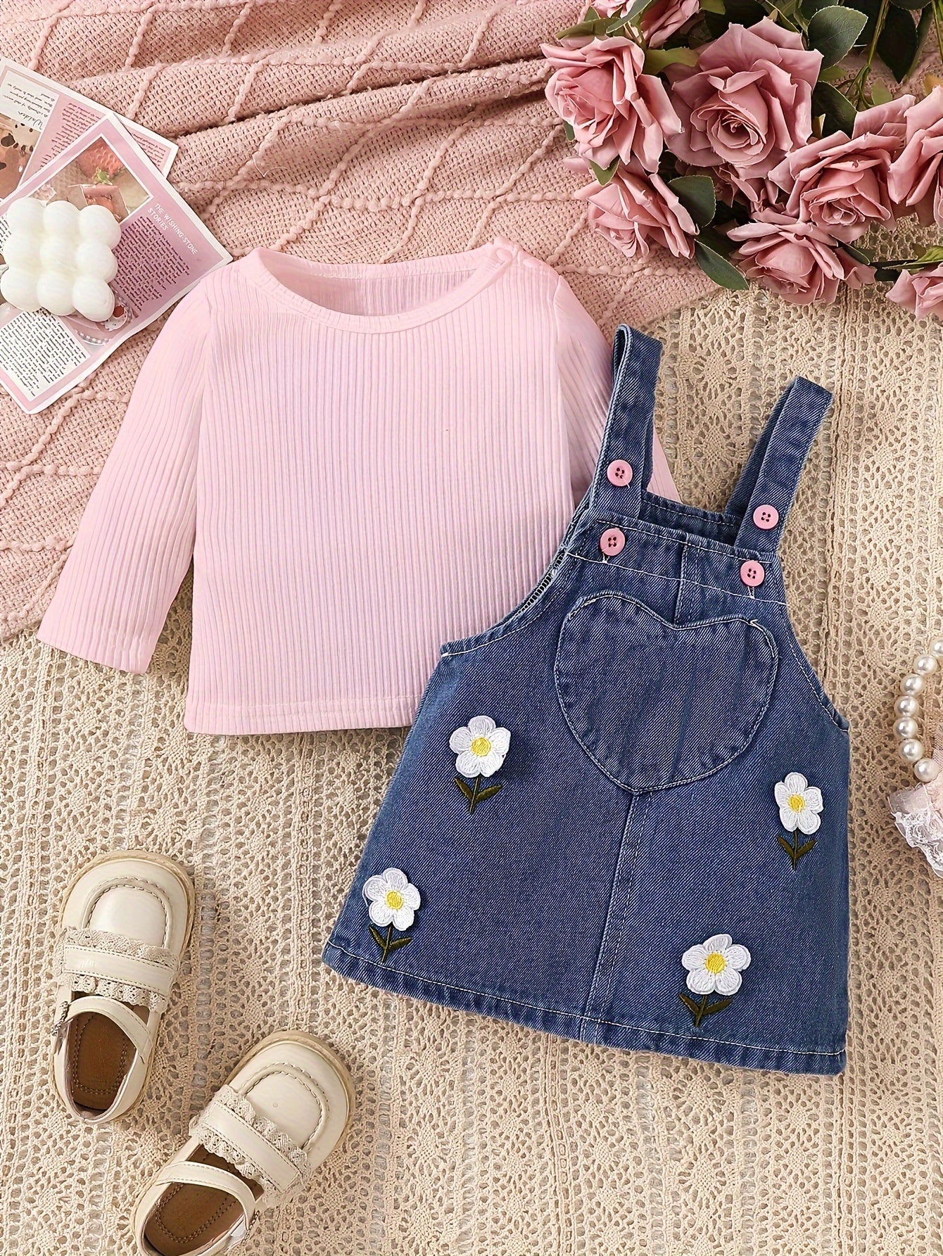 Girls Denim Dress Set with Embroidered Flowers and Long Sleeve Top for Infants