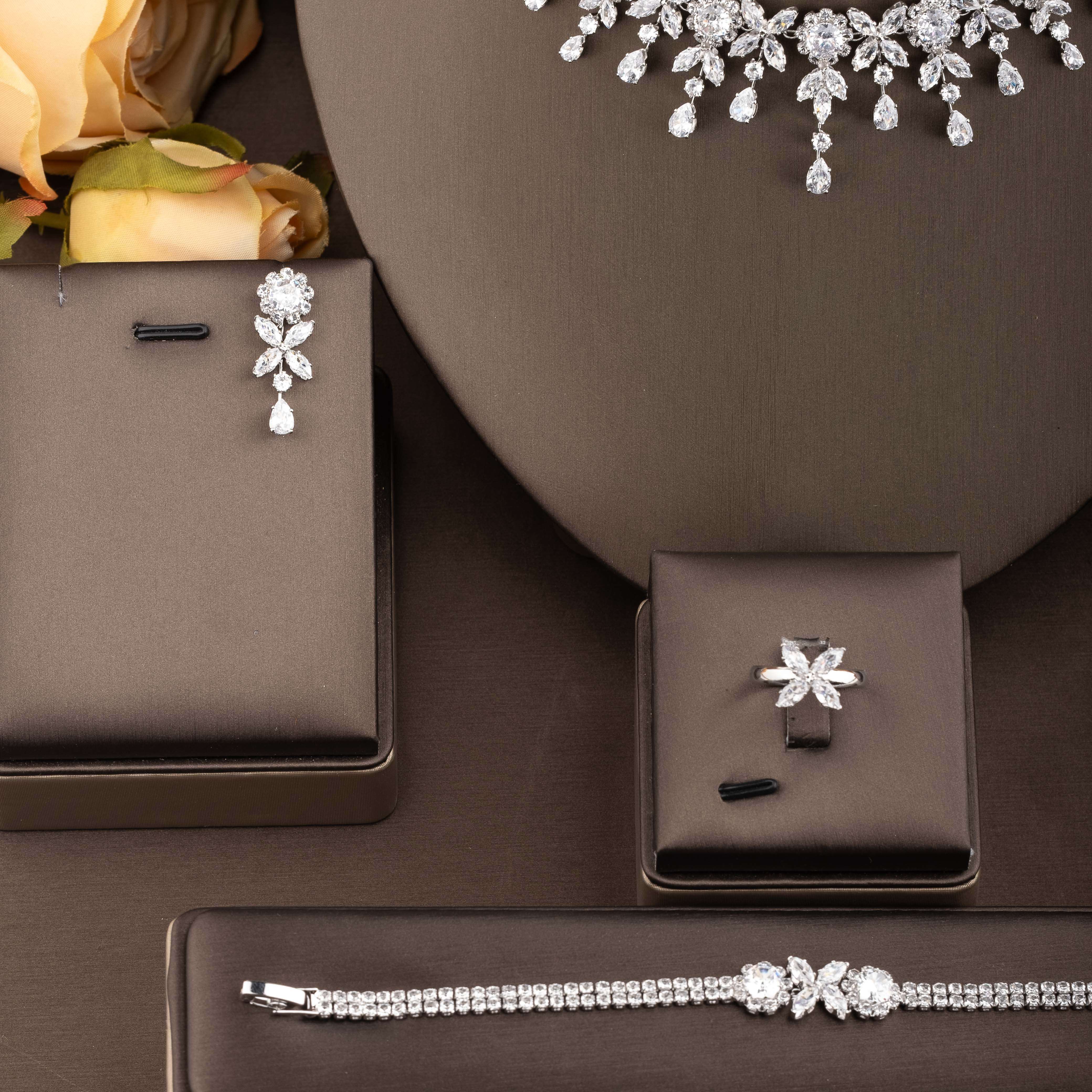 Wedding Jewelry Set with Floral Design Cubic Zirconia 18K Gold Plated Copper