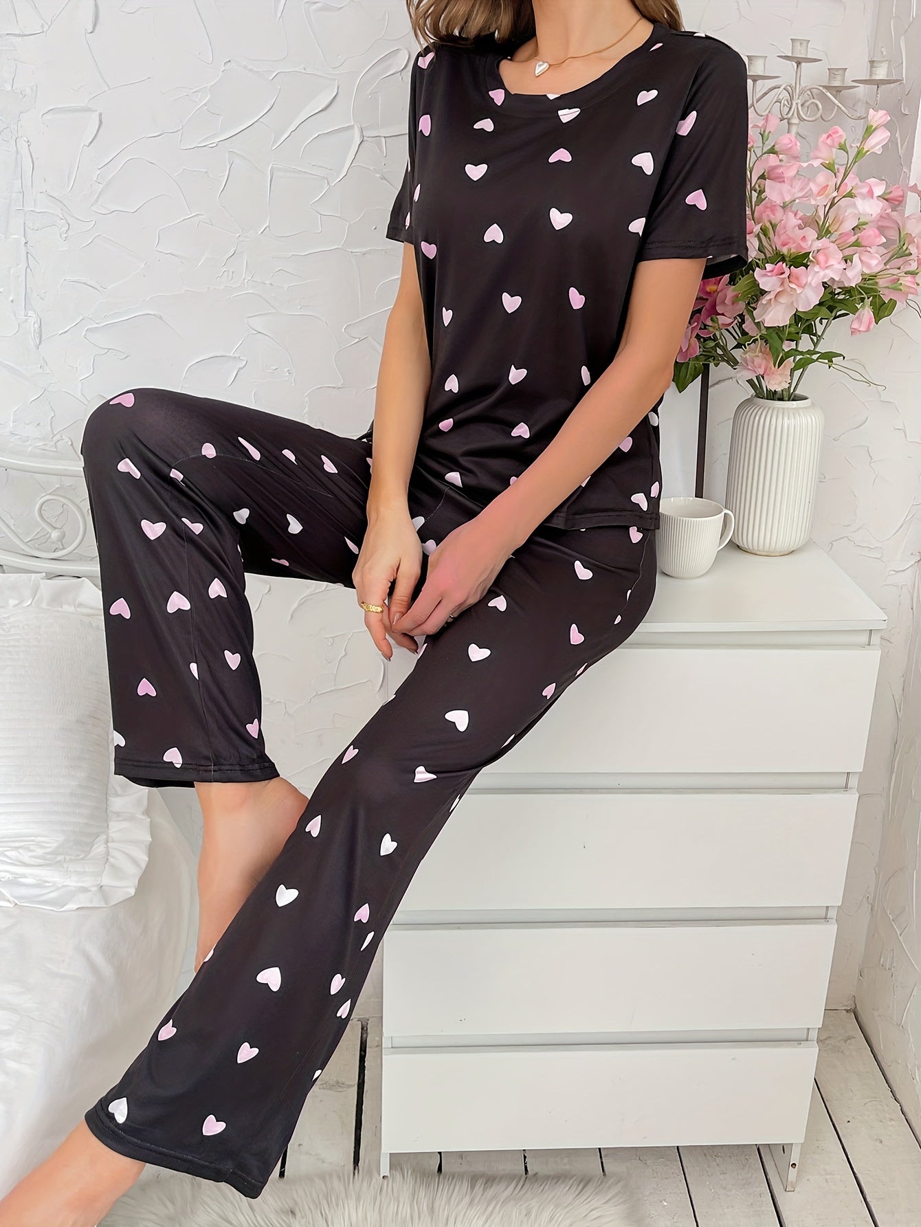 Women's Heart Print Pajama Set Short Sleeve Top Elastic Waist Pants Summer Sleepwear Loungewear