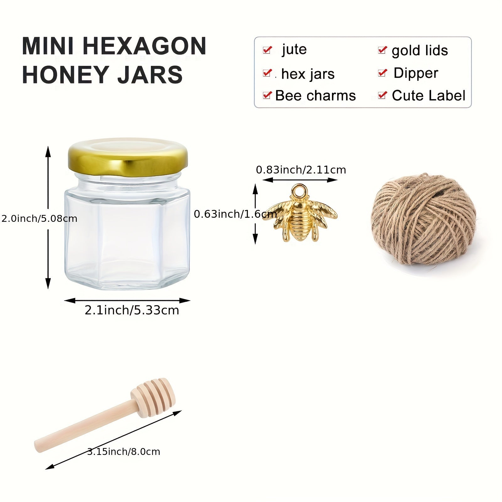 Mini Hexagon Glass Honey Jars 1.5 oz with Wood Dipper and Golden Lid for Jam Candies Favors