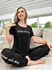 Women's Summer Short-Sleeve Pajama Set with Patterned Alphabets and Knit Fabric