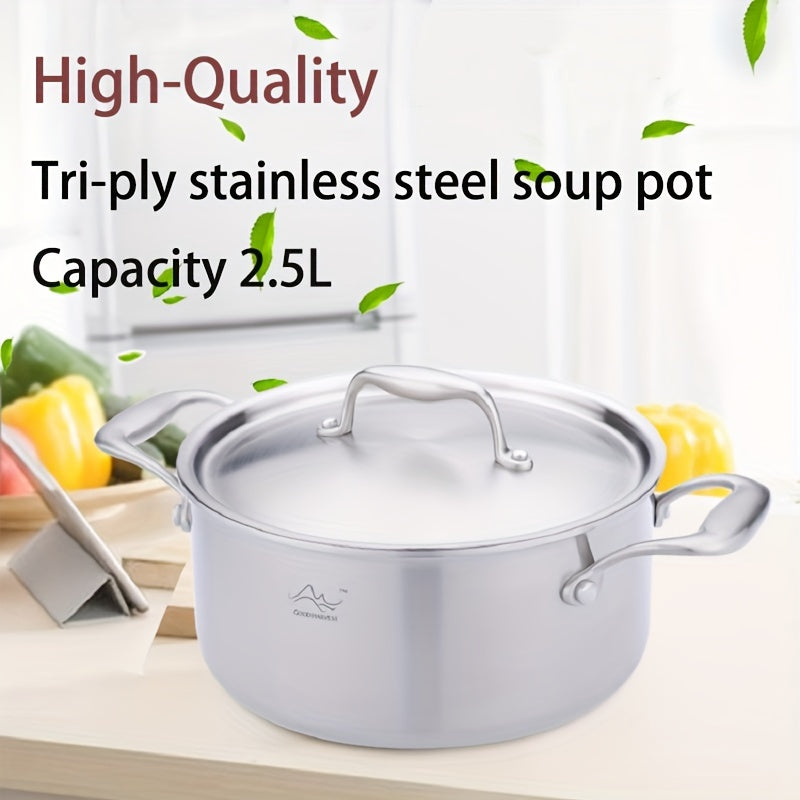 2.5L Tri-Ply Stainless Steel Soup Pot Induction Compatible Durable Cookware