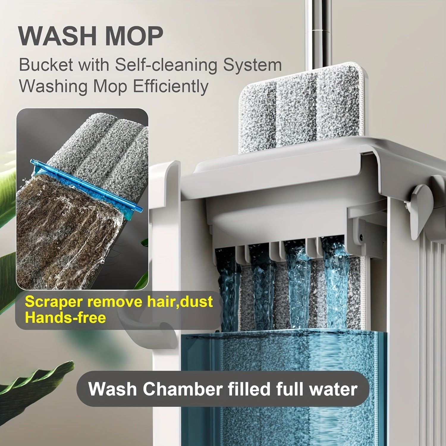 "Tekis mopu va chelak tizimi, squeegee va qo'l bilan ishlatishdan ozod dizayn bilan, oson uy tozalash uchun - Pol va devor tozalash uchun 2 ta qayta ishlatiladigan mikrofiber pad bilan birga."