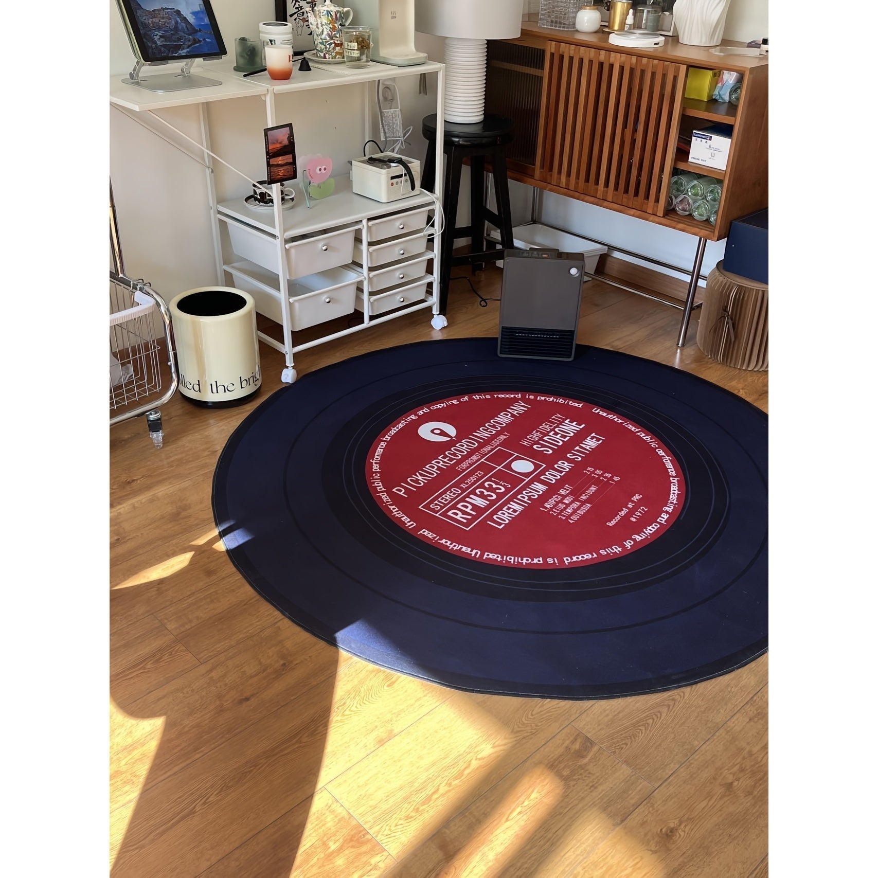 Black Vinyl Record Rug for Hanging Basket, Swivel Chair Floor Protector
