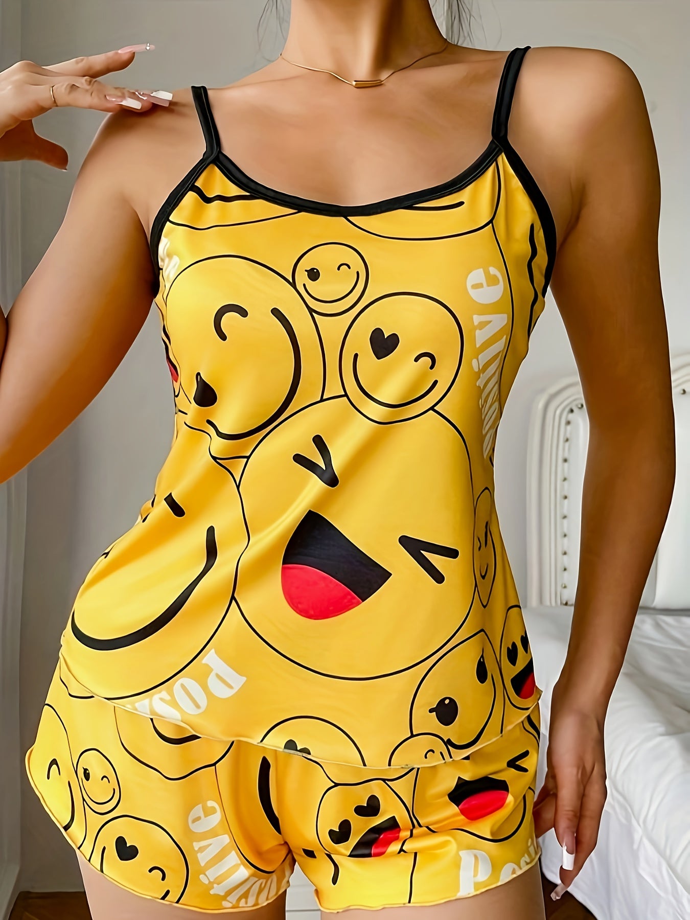 Women's Smiling Face Print Pajama Set with Frill Trim Backless Cami Top and Elastic Shorts