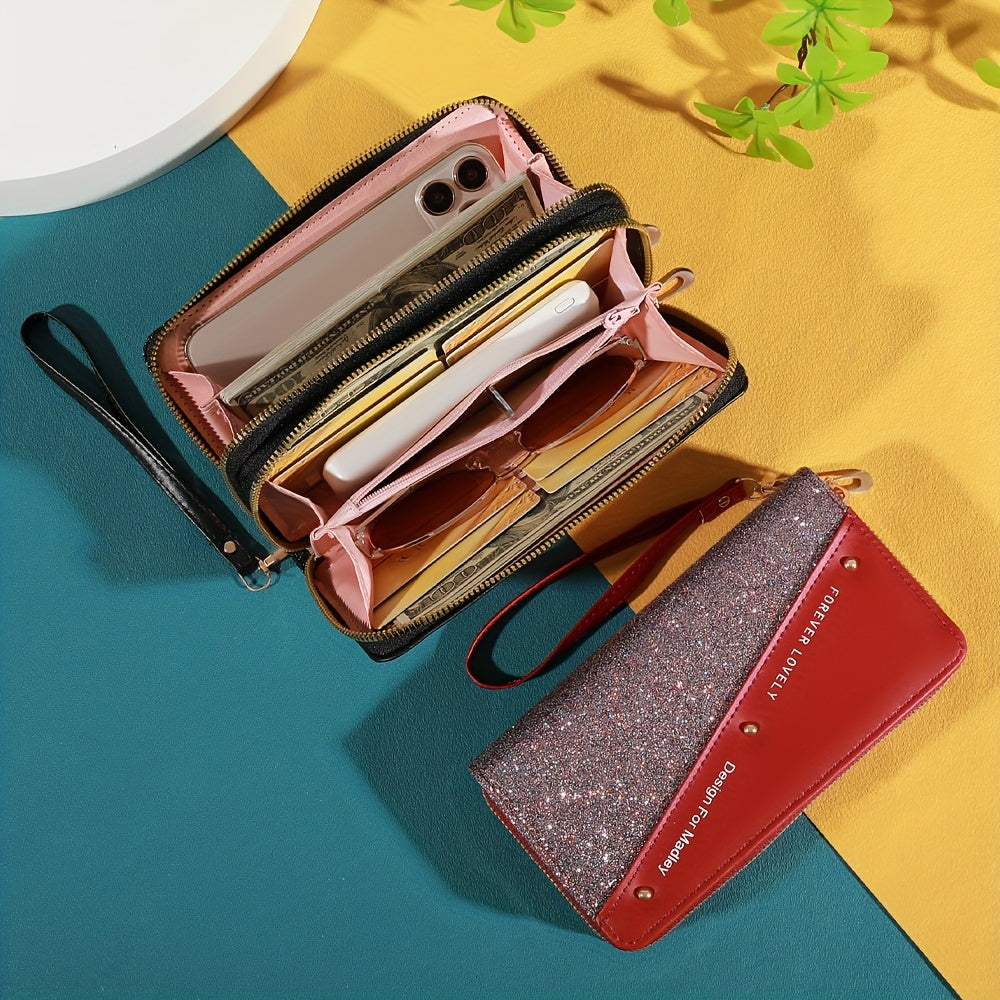 Длинный кошелек с цветными блоками, клатч с пайетками и слотами для карт для женщин