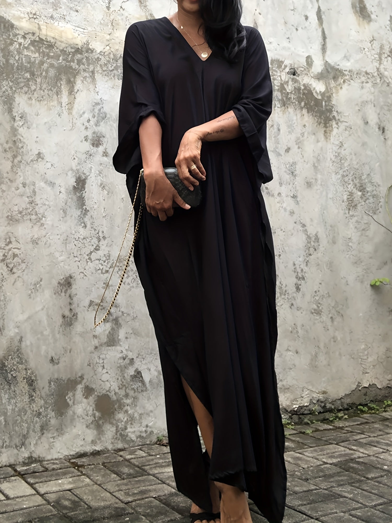 Ayollar uchun Batwing yengli, keng kesimli, zamonaviy plussayz kaftan ko'ylagi, erkin fit maxi robe | Rayon aralashmasi, cho'zilmaydigan mato | Bahor/Yoz/Kuz uchun ideal