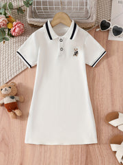 Vestido para niñas con cuello de volante en contraste con oso, manga corta, tela de punto, casual, para volver a clases