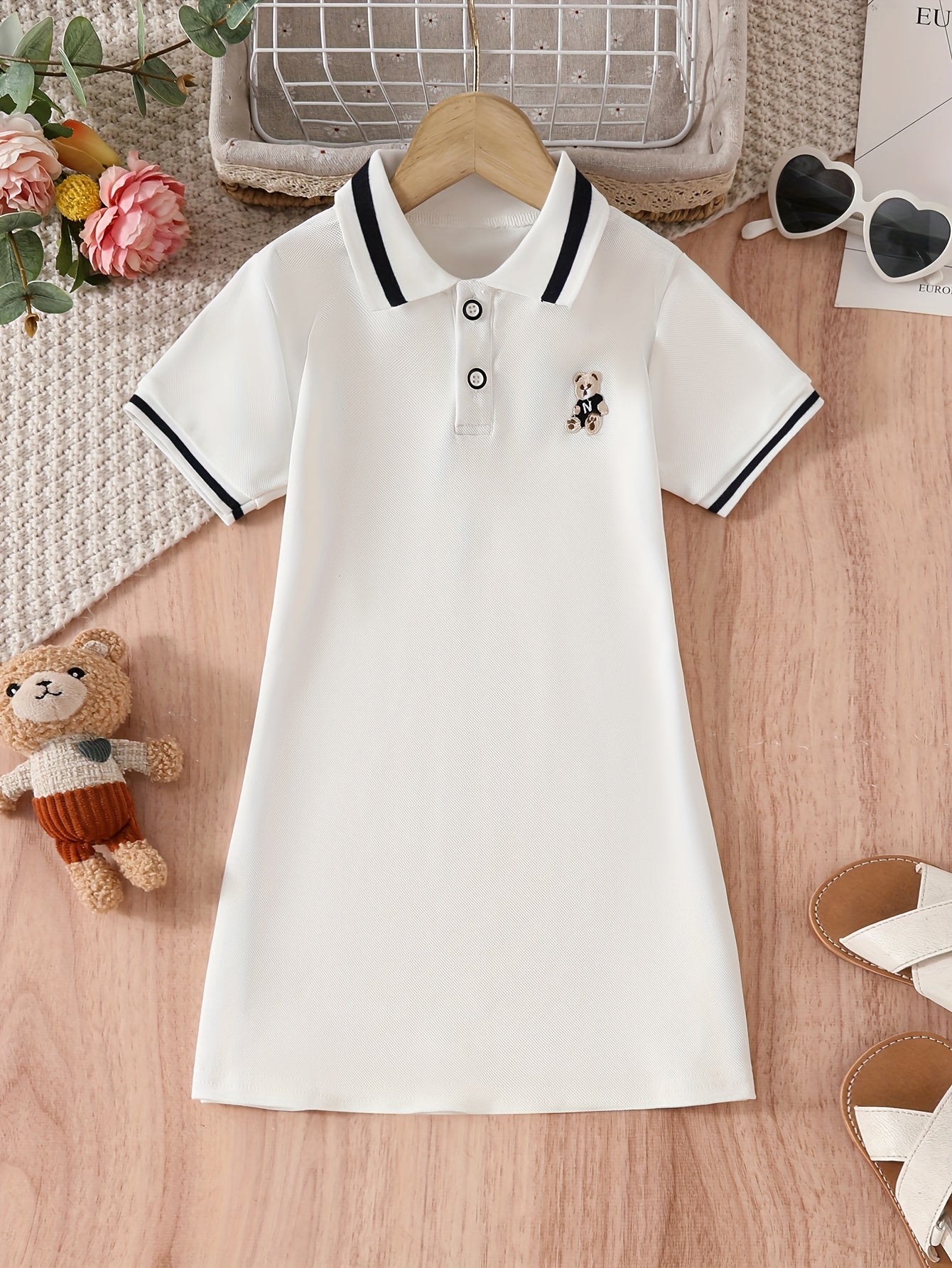 Vestido para niñas con cuello de volante en contraste con oso, manga corta, tela de punto, casual, para volver a clases