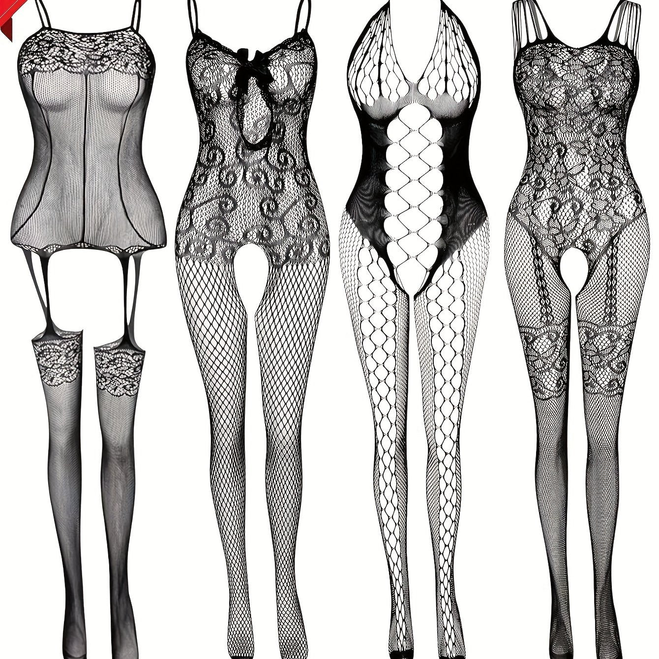 Women's Plus Size Fishnet Bodystocking Open Crotch Stretchy Lingerie Pack of 4