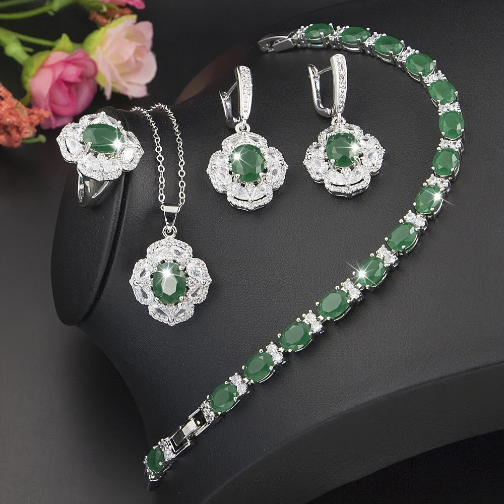 Women’s Jewelry Set with Green Cubic Zirconia and White Gold Plating for Weddings and Events