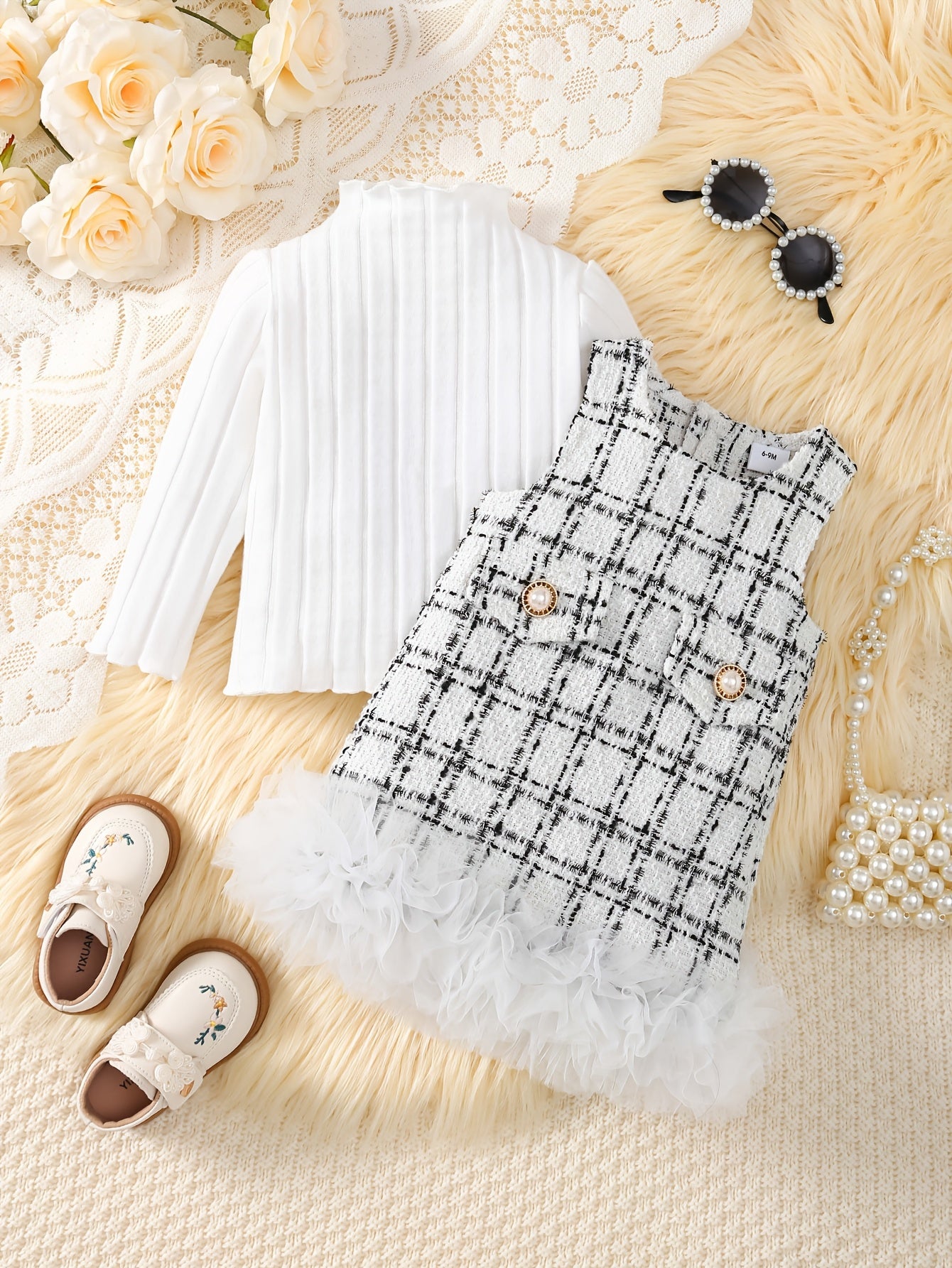 Toddler Girls Red Top and Mesh Skirt Set Long Sleeve Pearl Buttons Spring Fall Outdoor