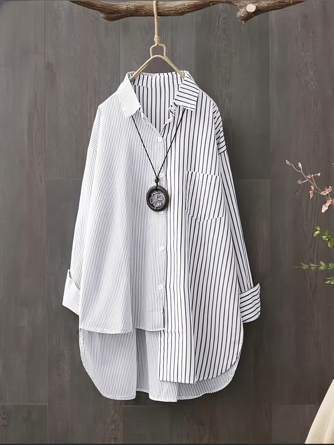 Plus Size Women's Button-Up Shirt with Asymmetrical Stripes, Regular Length, All-Season Non-Stretch Fabric