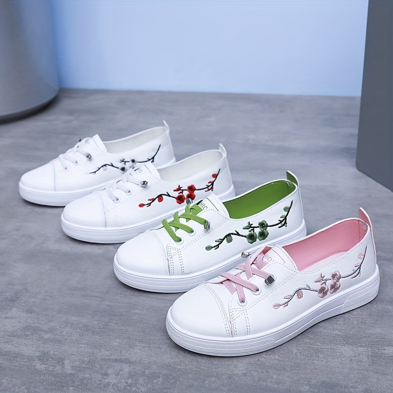 Women’s Floral Embroidery Sneakers Casual Slip-On Microfiber All-Season