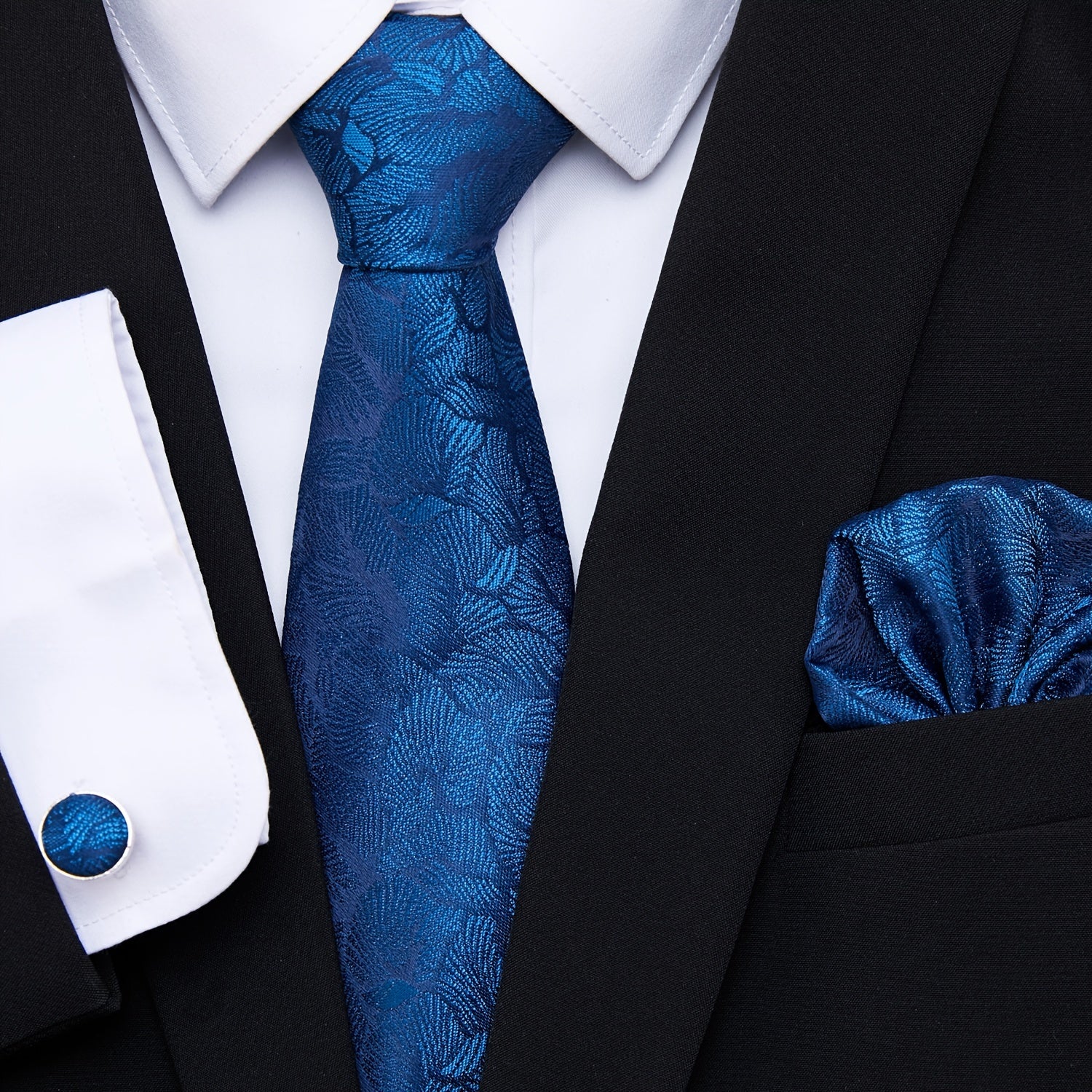 Men's Blue Jacquard Floral Tie Set with Pocket Square and Cufflinks for Weddings and Formal Events