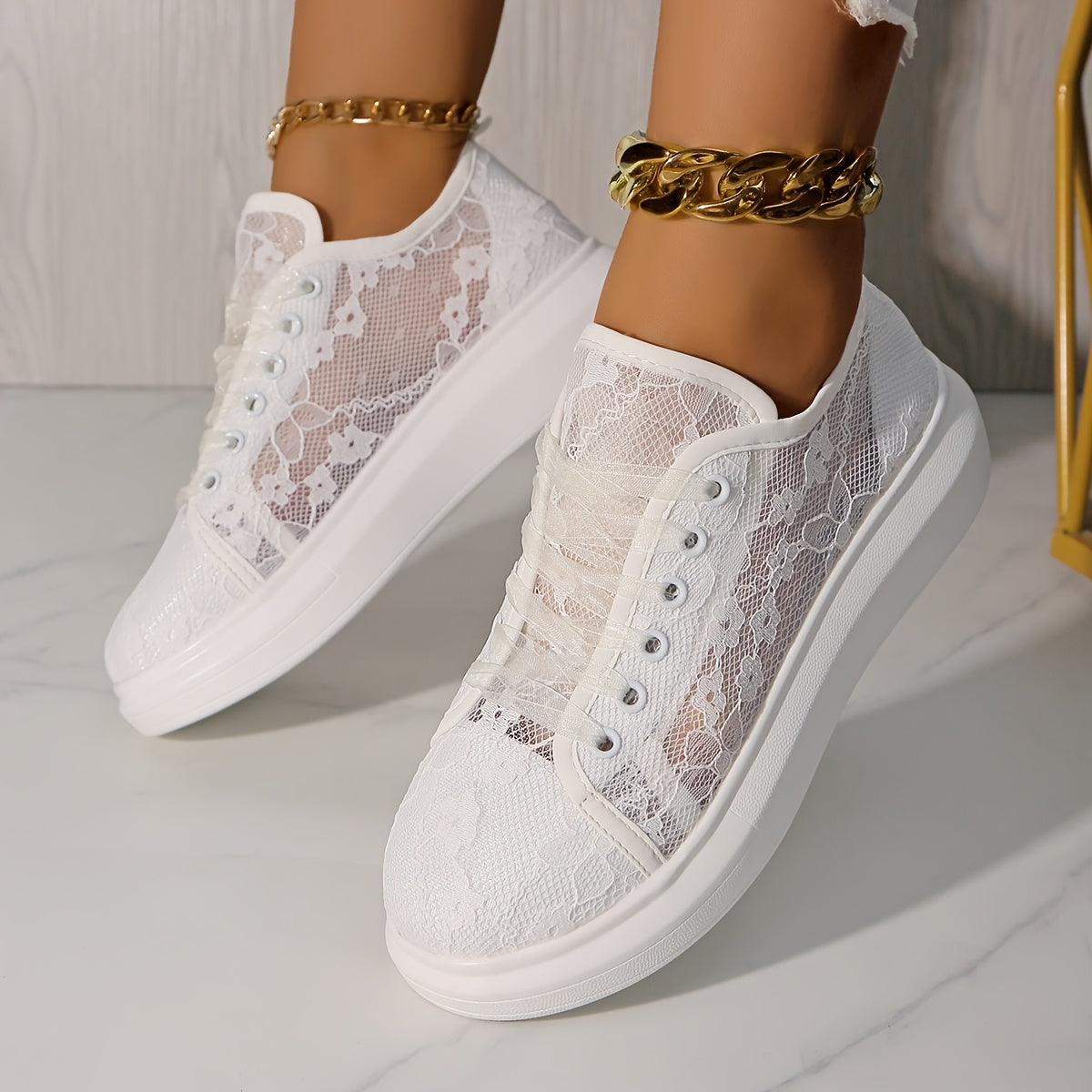 Women's White Floral Lace Mesh Breathable Sneakers for Walking and Travel