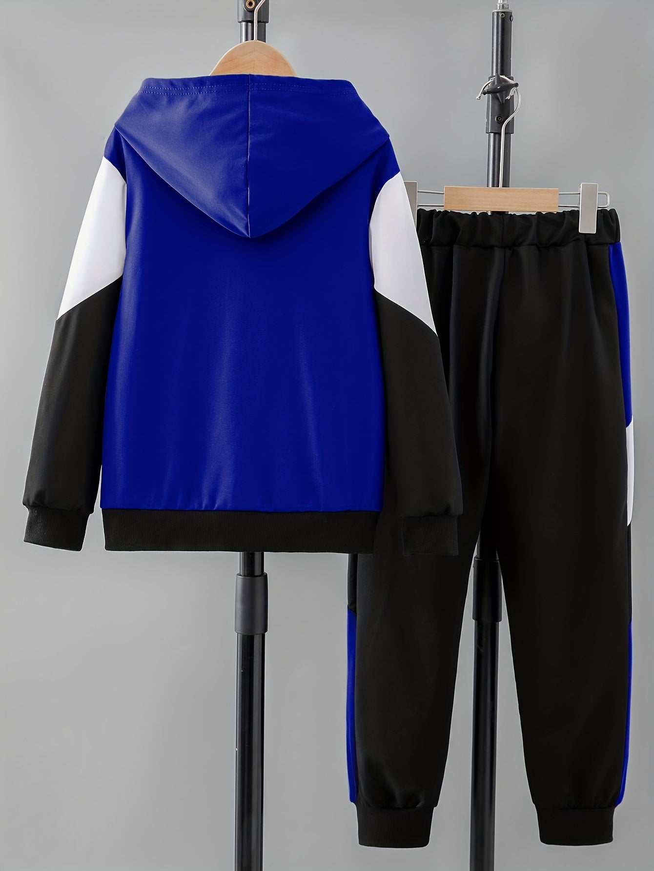 Kids Boys Polyester Knit Pullover Set with Color Block Long Sleeve Zipper and Matching Pants for Spring Fall Outdoor Activities