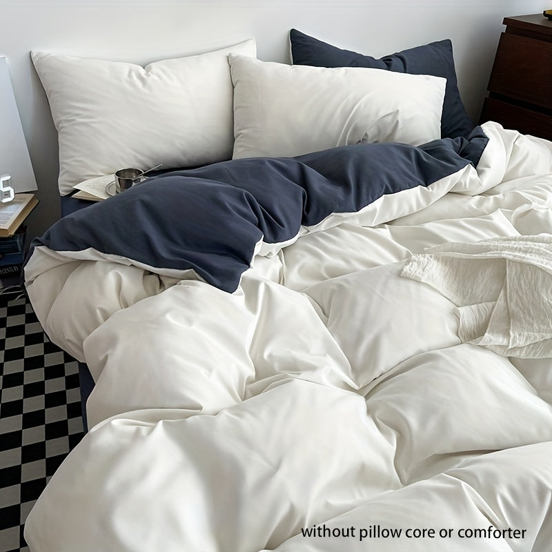 Set of 3 Solid Color Double Stitch Quilt Cover Sets in White Blue Gray with Pillowcases