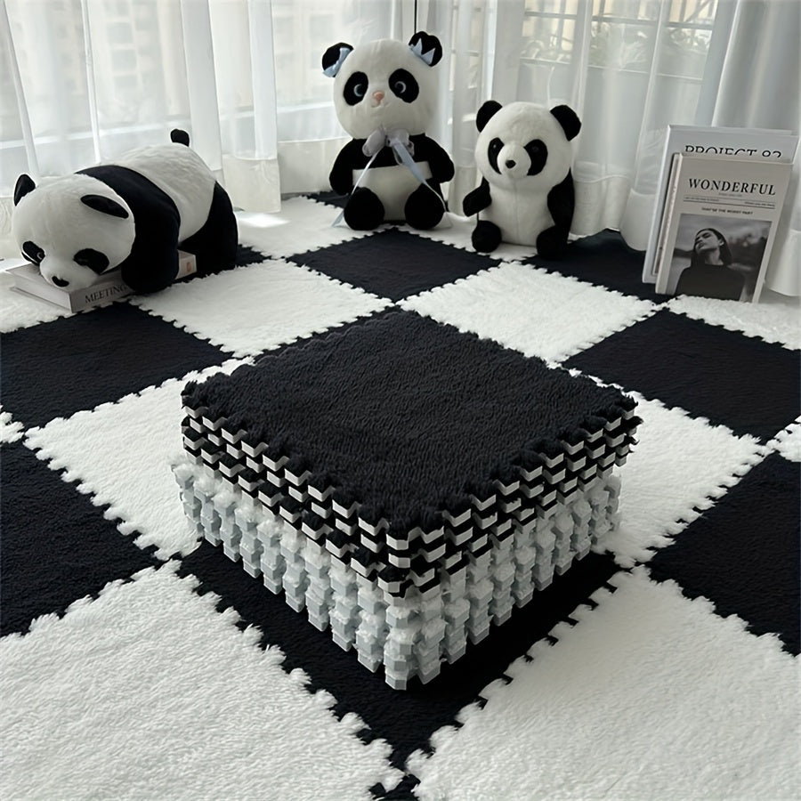 Juego de 12 alfombrillas de felpa con patrón de ajedrez en blanco y negro de 29,97x29,97cm para sala de estar y dormitorio