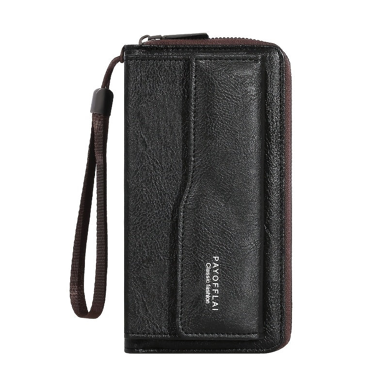 Men's Faux Leather Wallet with Wrist Strap and Zipper Multiple Card Slots Black