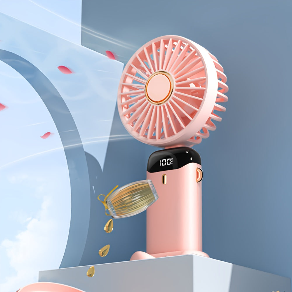 Portable Mini Fan with Type-C Rechargeable Battery LED Display Foldable 3-in-1 Personal Fan Black Rose Gold