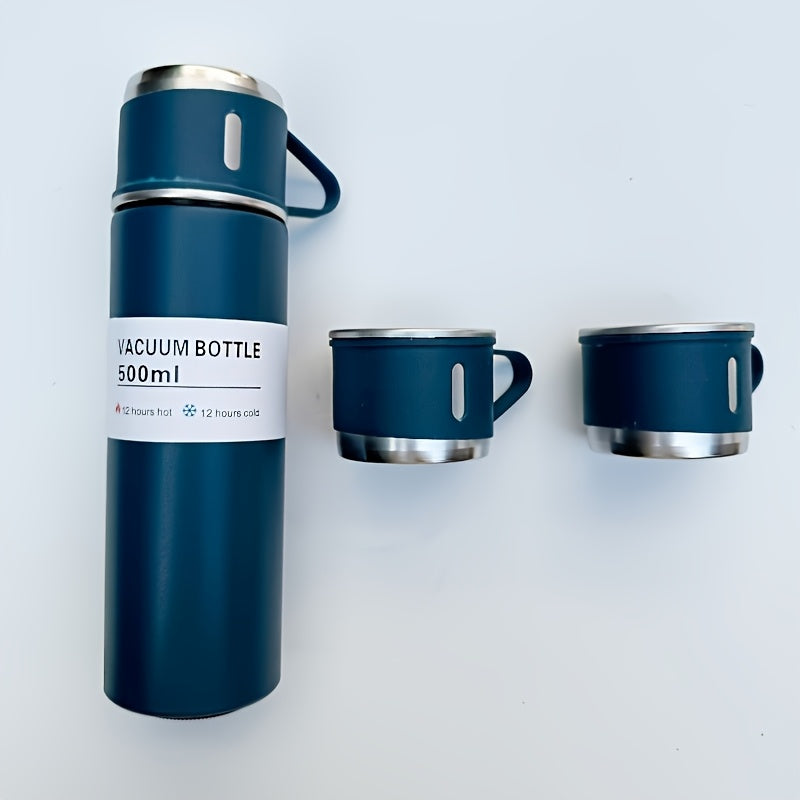 500ml Stainless Steel Vacuum Insulated Flask Set with 2 Cups for Hot Cold Beverages