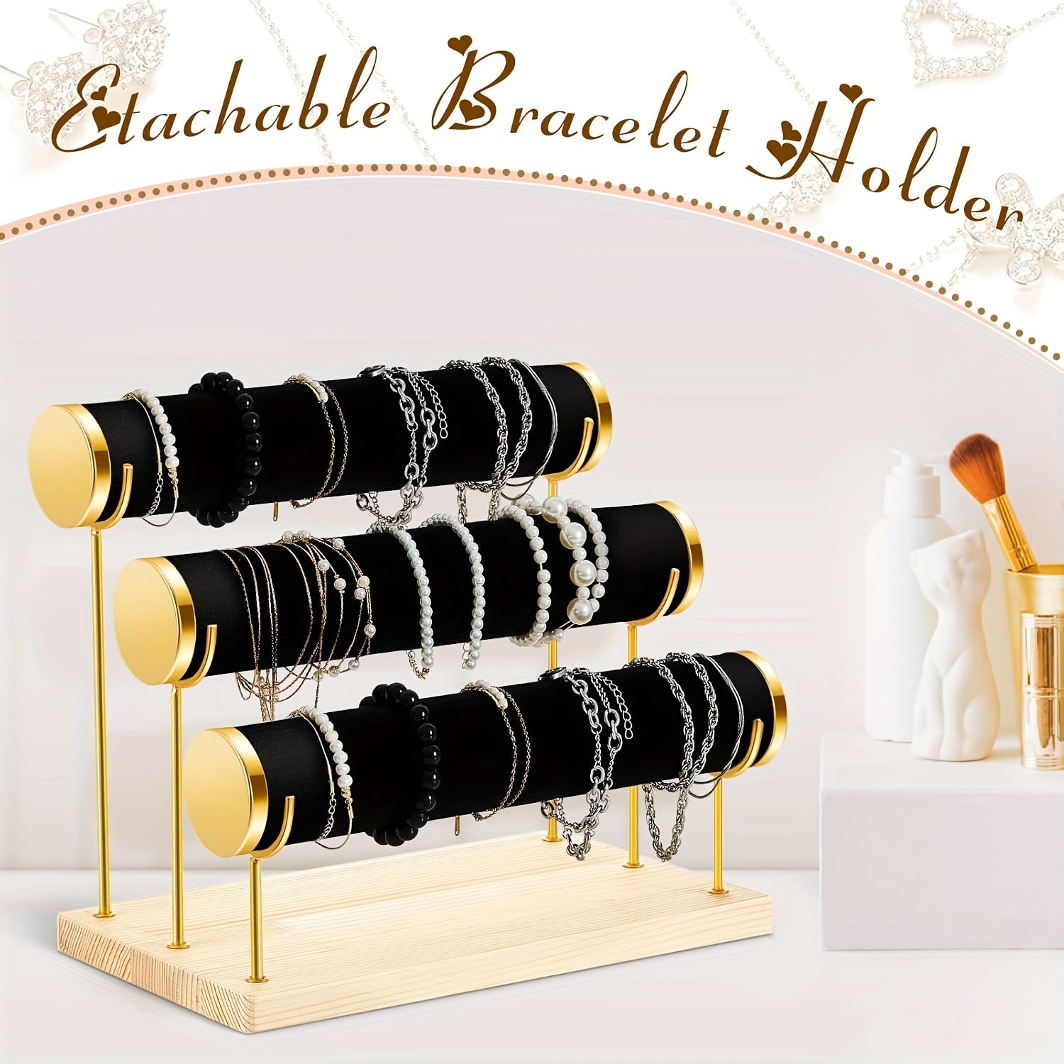 Premium Velur 3-qavatli zargarlik buyumlarini tashkil etuvchi stend, ajraladigan soat va bilaguzuk tutgich bilan