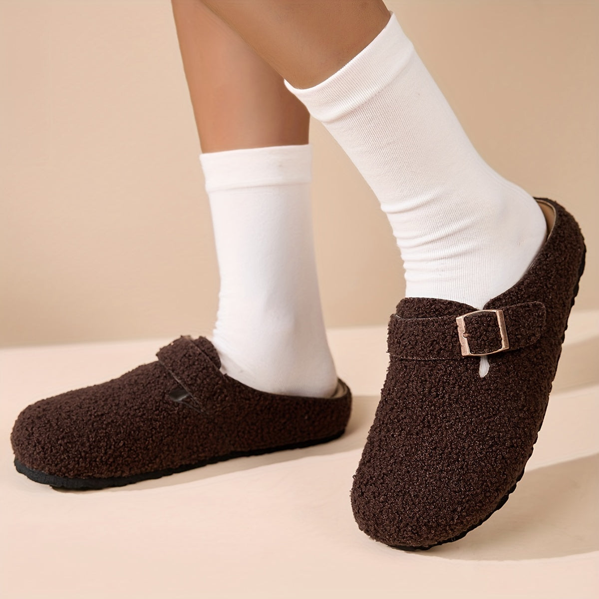 Women's Plush Mule Slippers with Adjustable Buckle Non-Slip Sole Indoor Outdoor