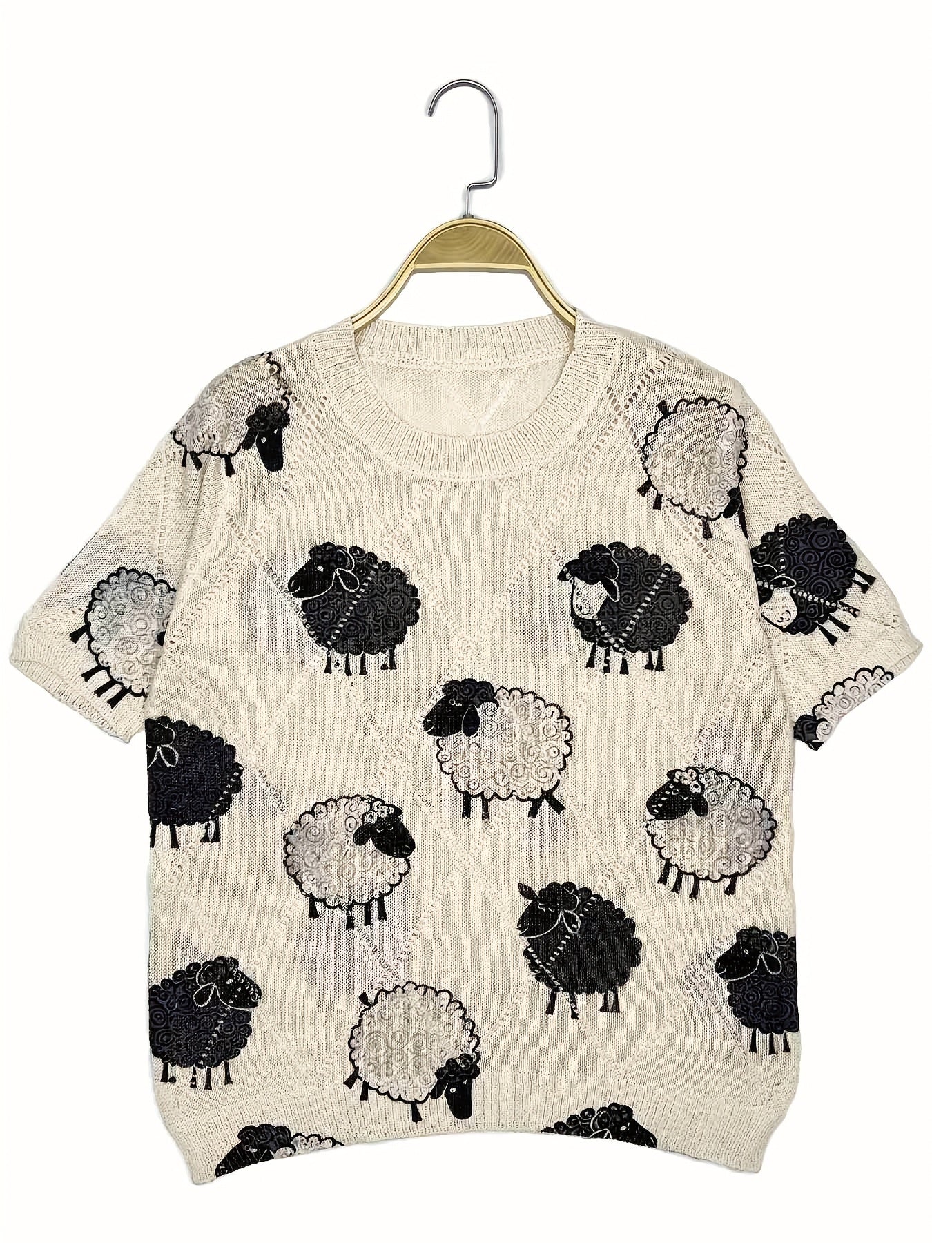 Women's Short Sleeve Sweater with Sheep Print Light Beige Oversized Casual Top