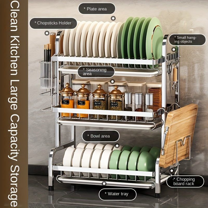 Organizador de cocina de acero inoxidable, estante para platos de 2 niveles con sistema de drenaje