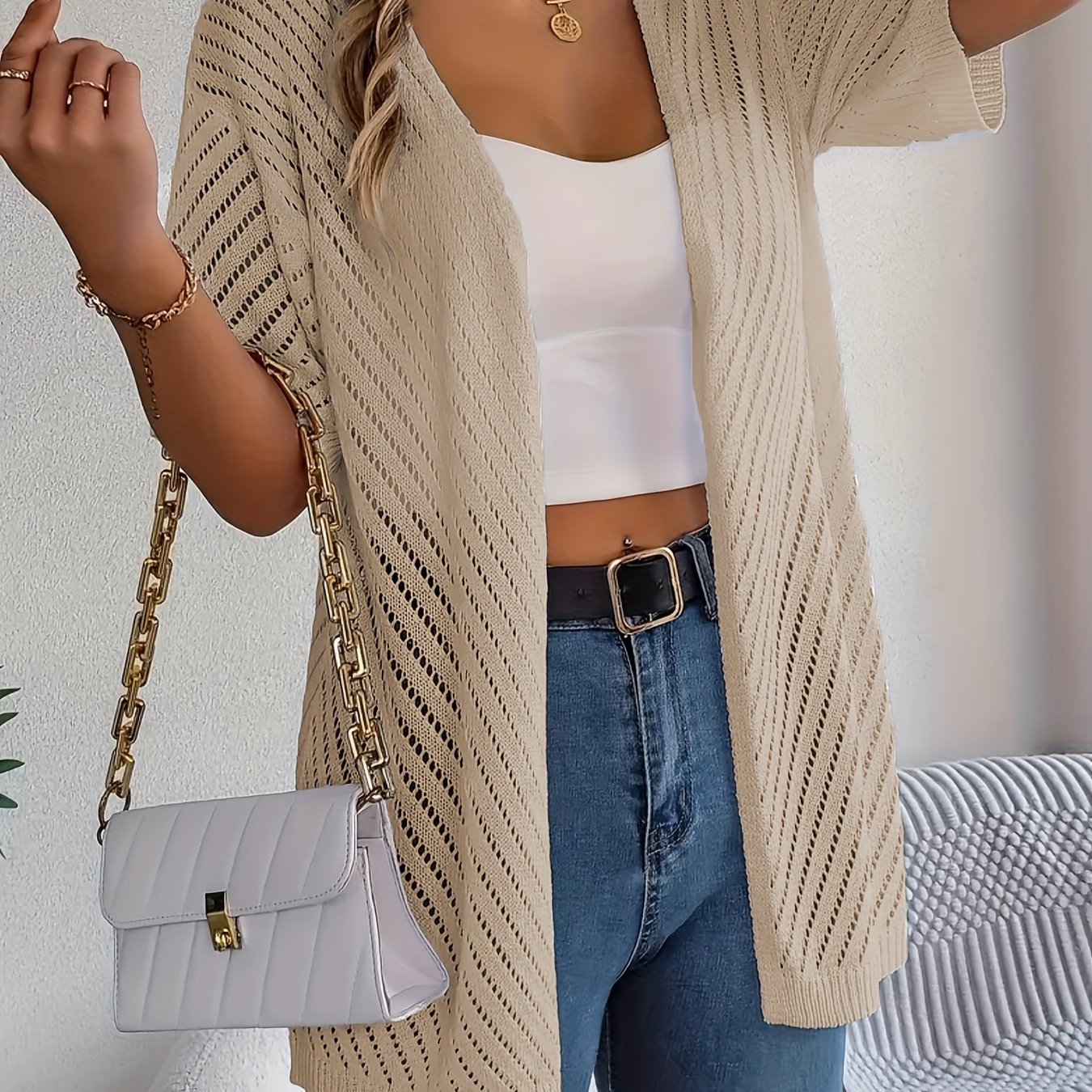 Plus o'lcham ayollar uchun krochet kardigan yengil nafas oladigan qisqa yengli bir rangli bahor yoz