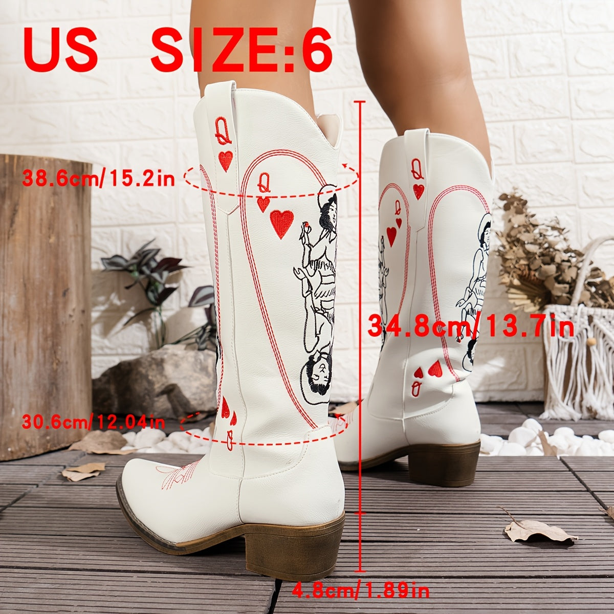 Women's Embroidered Western Cowboy Boots Pointed Toe Mid-Heel Slip-On All-Season
