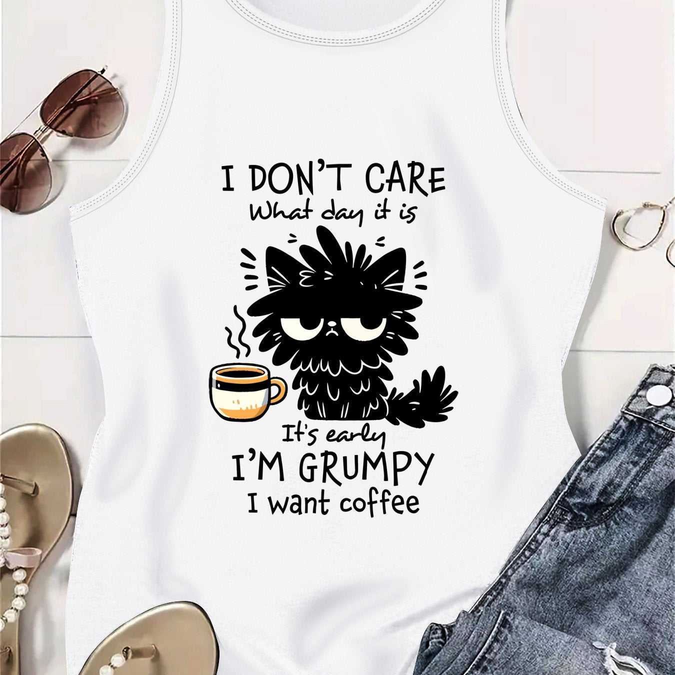 Plus Size Women's Black Cat Graphic Tank Top Breathable Sleeveless Shirt