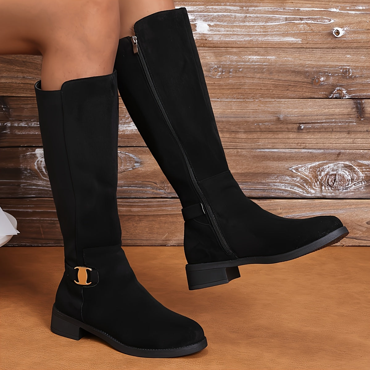 Women's Black Faux Cover Knee-High Boots with Buckle Zipper Pointed Toe