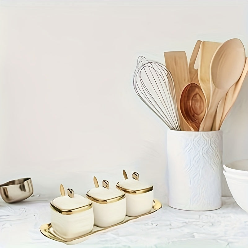 Juego de 3 piezas de tarros de porcelana para condimentos con tapas, organizador de azúcar, especias y condimentos