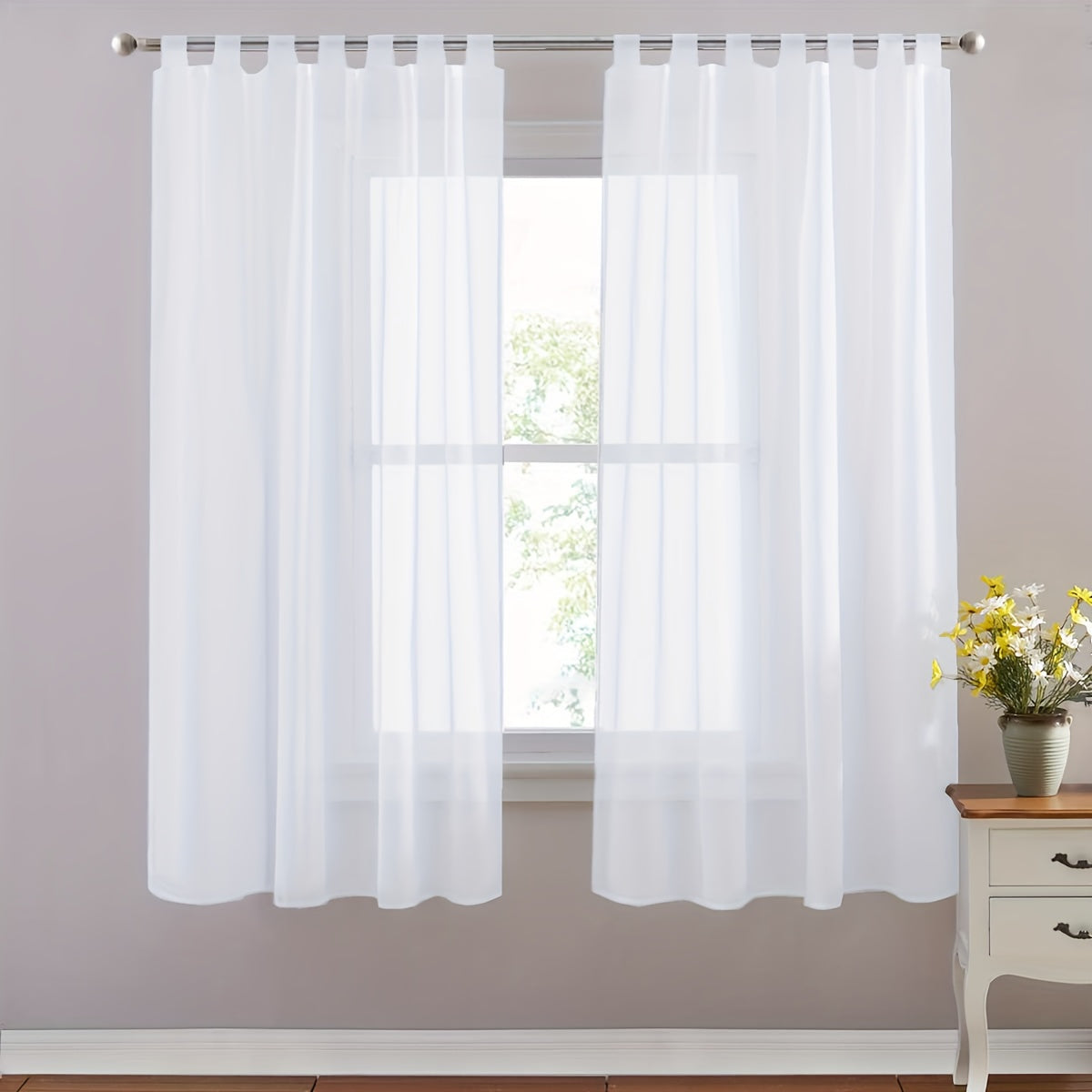 Set of 2 White Sheer Curtains with Tab Tops for Bedroom Living Room Dining Room