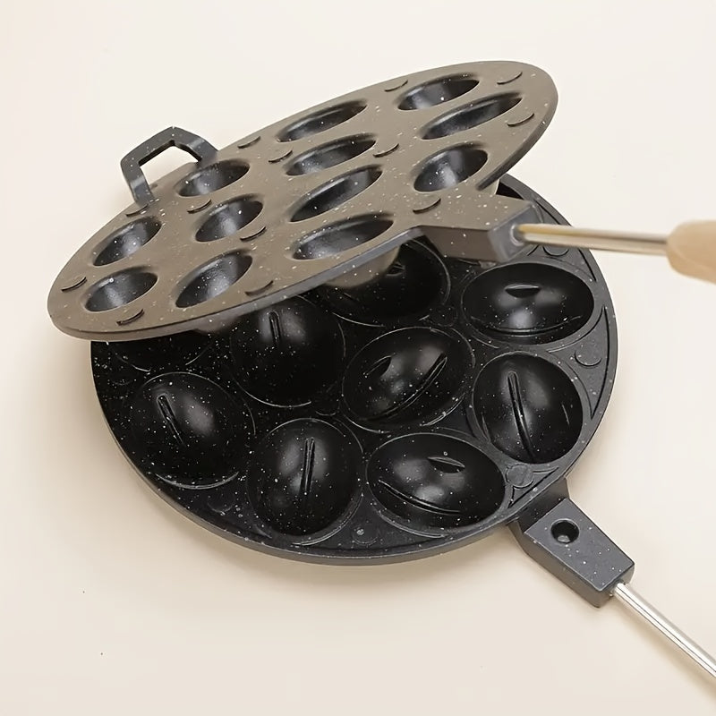 12-Cavity Non-Stick Baking Mold Pan with Wooden Handle for Waffles Cakes and Pancakes